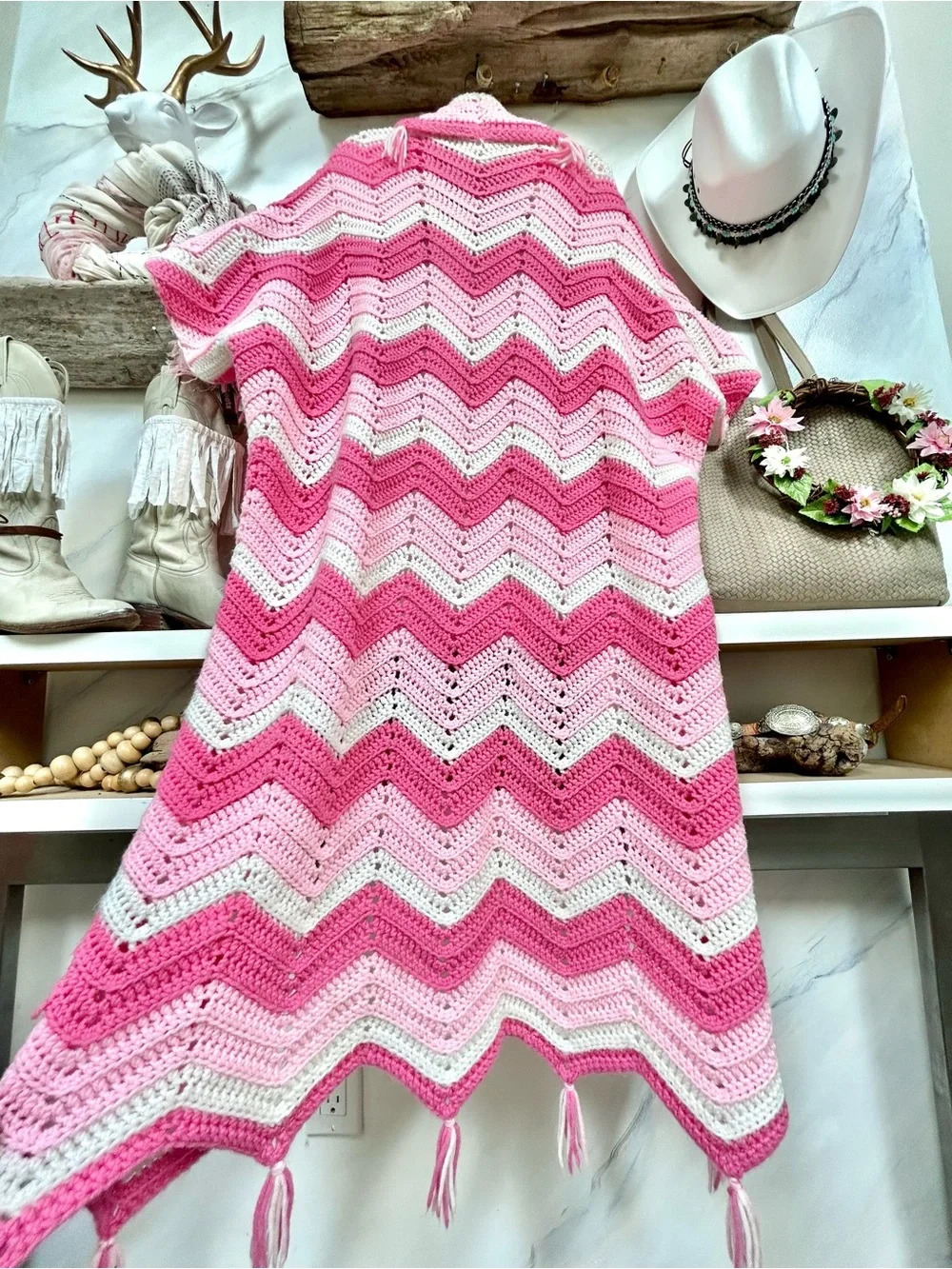 Artisan duster Vintage Pink Chevron Knit duster cocoon w cottagecore granny vibe